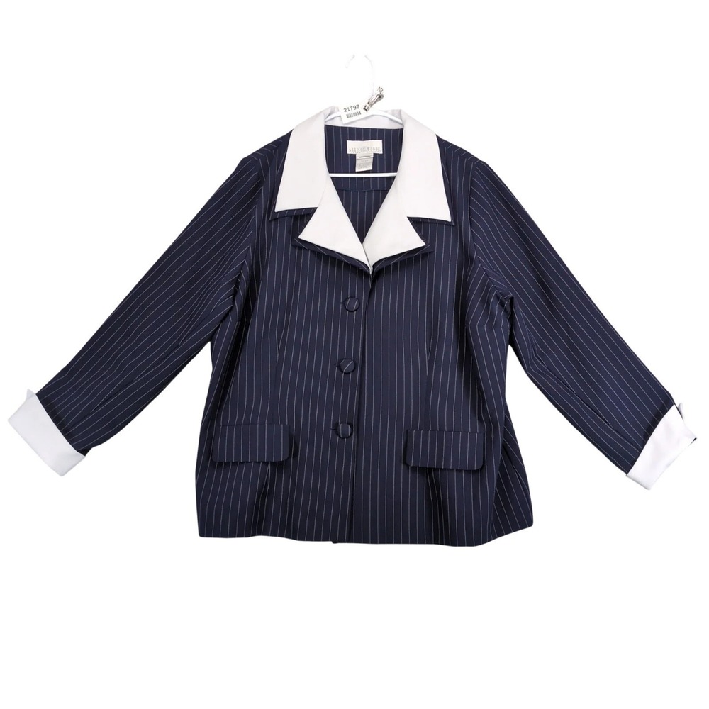 Vintage 90s Allison Woods Navy Pinstripe Career Blouse Womens Plus Size 1X/2X B4